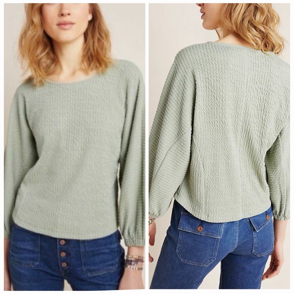Anthropologie Women's Green Arya‎ Textured Puff Sleeve Top Blouse Size Small